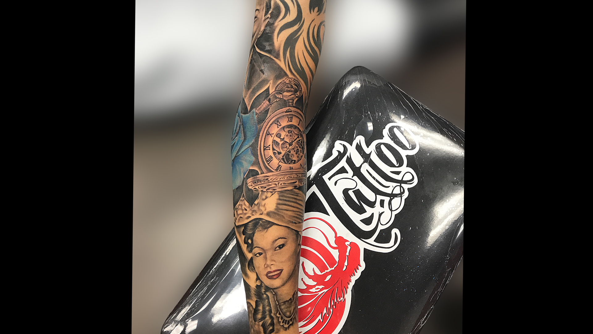 Q Tattoo in Huntington Beach - Quan - realism woman portrait with clock