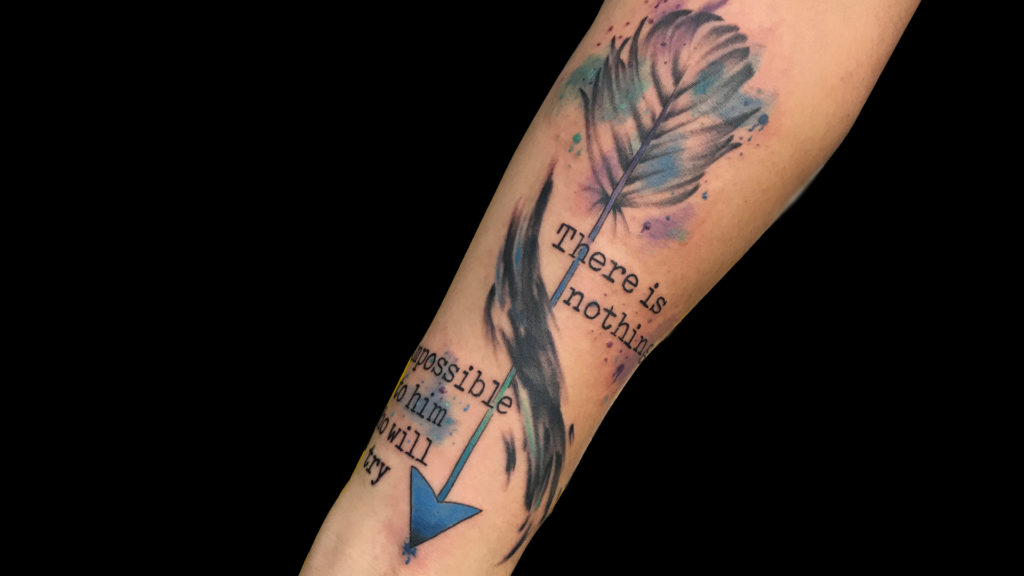 Q Tattoo in Huntington Beach - Sara Delara - Feather arrow quote nothing impossible