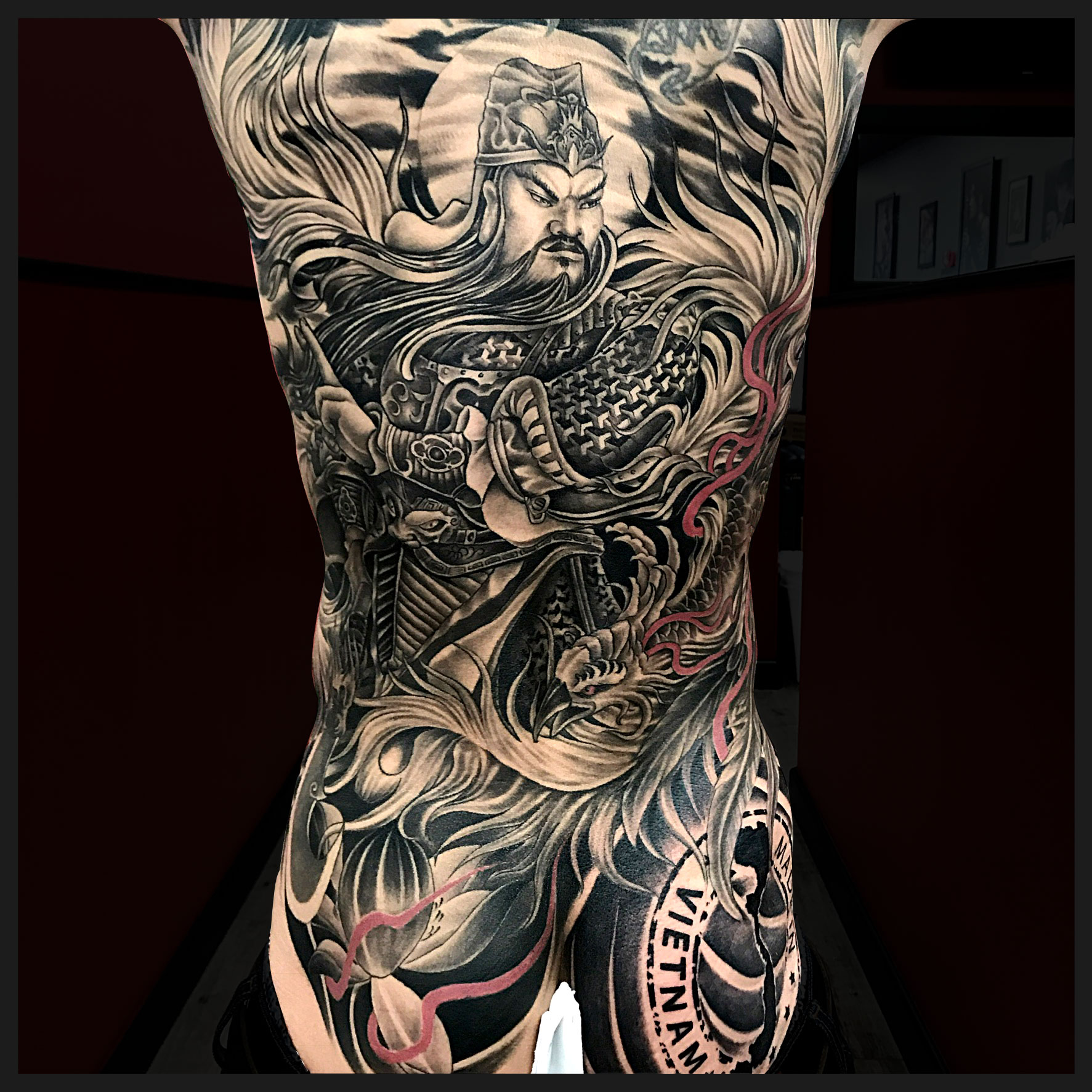 Q Tattoo in Huntington Beach - Quan - full back warrior